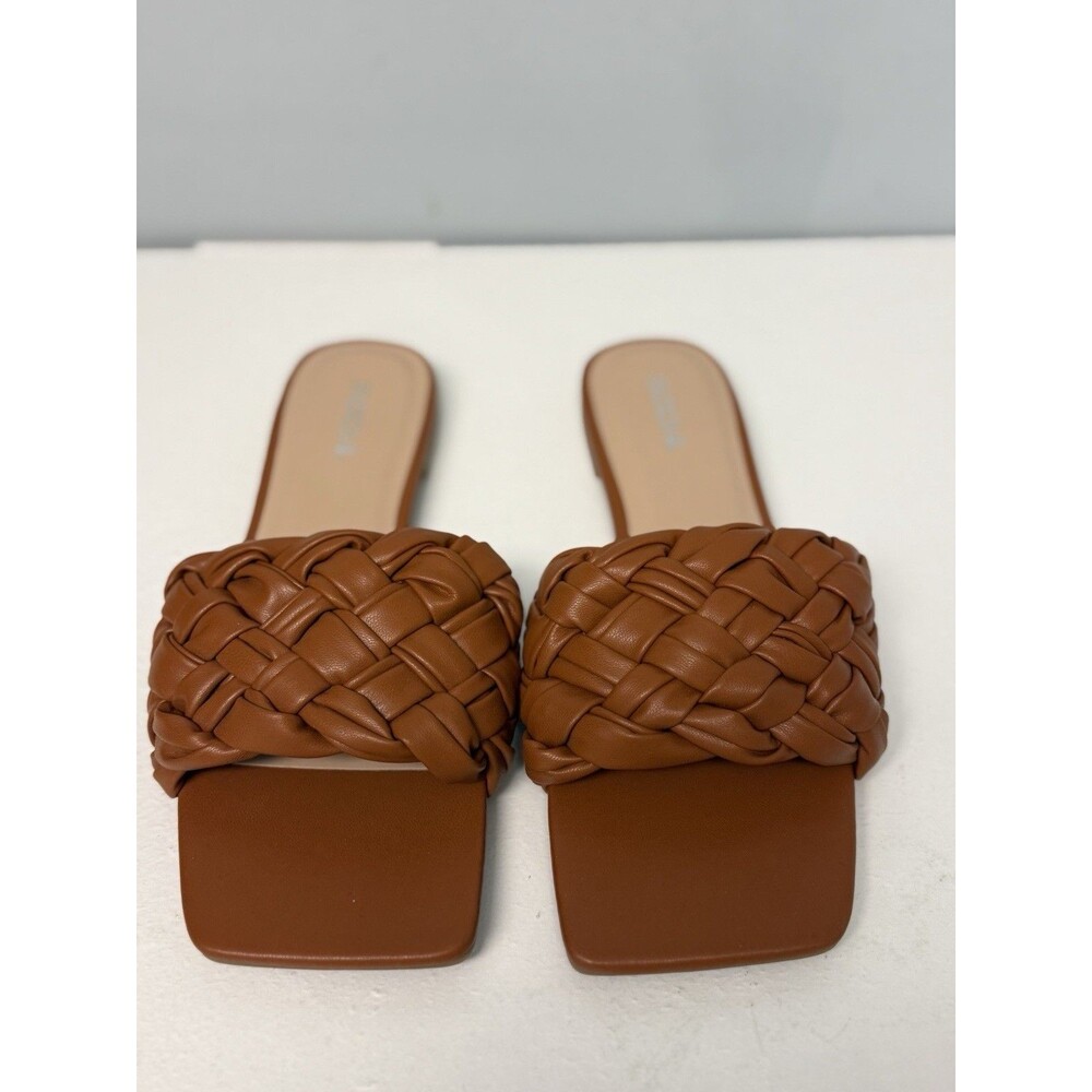 SODA Women’s Braided Square Toe Flat Slide Sandals Cognac Brown Size 10